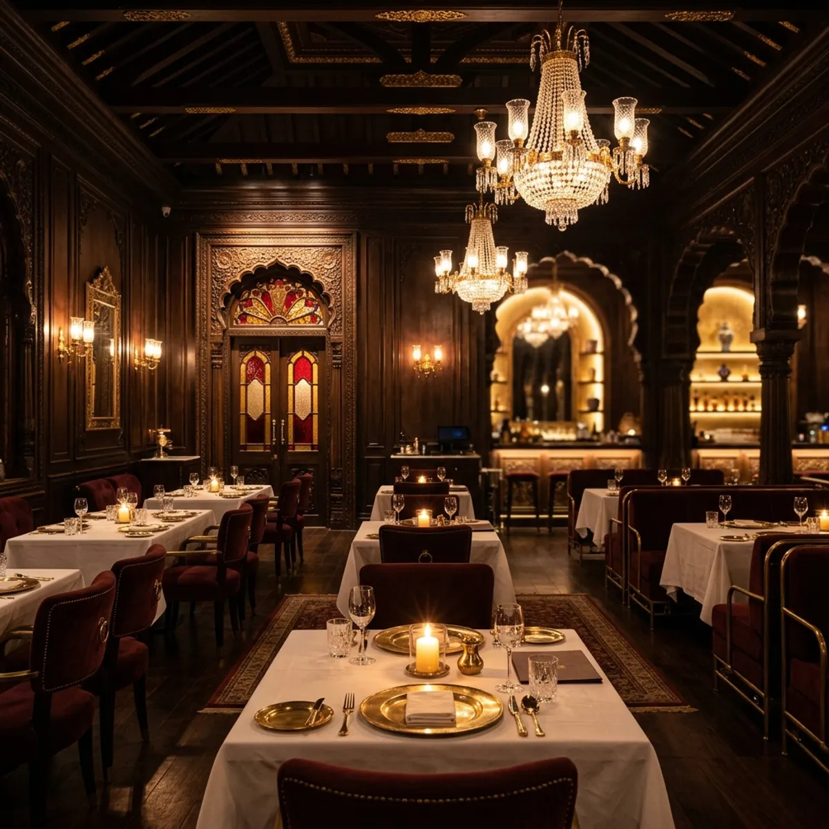 The Chettinad restaurant interior — warm golden hour ambience with terracotta tiles and brass lamps