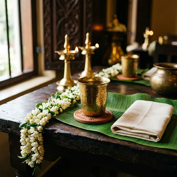 Elegant table setting with jasmine garland, brass tumbler, and banana leaf